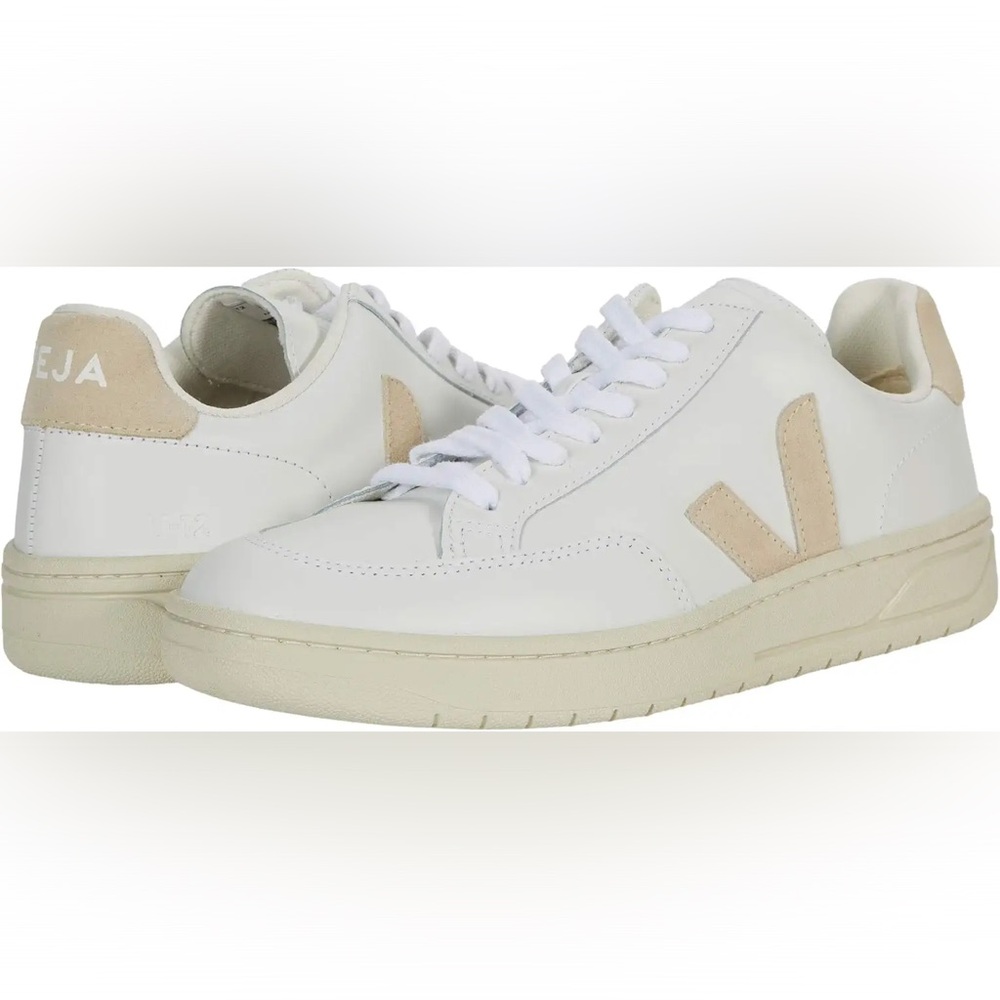 Veja V-12 Leather Extra-White and Sable Sneakers, Women’s US 6